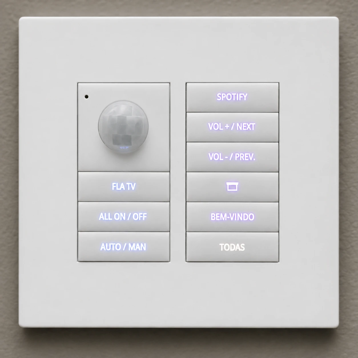 Painel físico de automação com comandos de iluminação e áudio